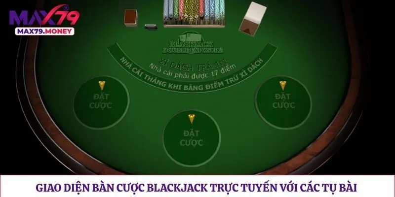 Giao diện bàn cược Blackjack trực tuyến với các tụ bài được hiển thị trực quan